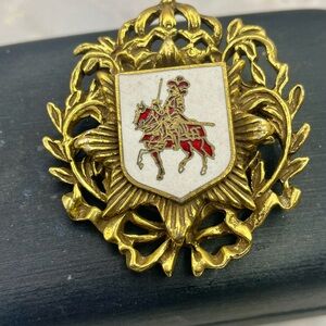 Vintage Gold Tone Enamel Knight on Horseback Shield Coat of Arms Brooch Pin